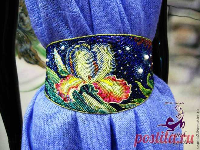 Купить Пояс-кушак-оби, вышитый бисером, безразмерный "Ирис с жемчугом" - пояс с вышивкой