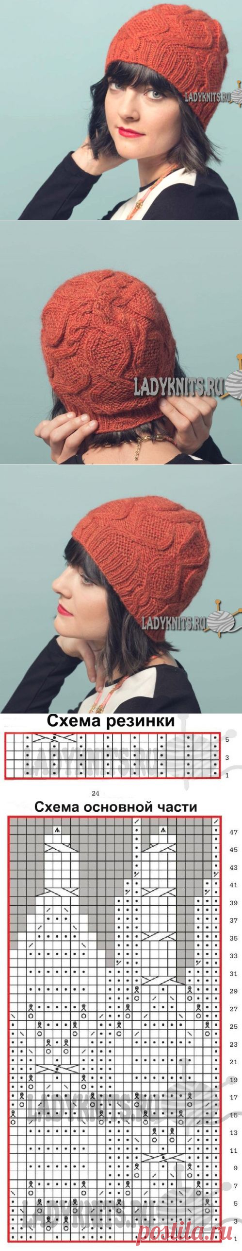 Вязаная спицами женская шапка с аранами