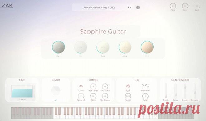 Sapphire Guitar - ZAK Sound. A VST3-compatible DAW. Sapphire Guitar — это плагин с 18 инструментами, созданными из акустических, электроакустических, электрических, народных и классических гитар. Мы использовали несколько приемов игры, таких как приглушение ладонью, открытые струны, ноты на грифе, флажолеты и короткие ноты, чтобы создать звуки плагина. Каждый инструмент можно смешивать с 5 различными текстурами окружения для создания уникальных звуков, заполняющих всю атмосферу.