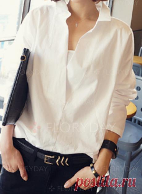 Винтажное Pубашки Длинные рукава Цвет сплошного Ошейник - Floryday