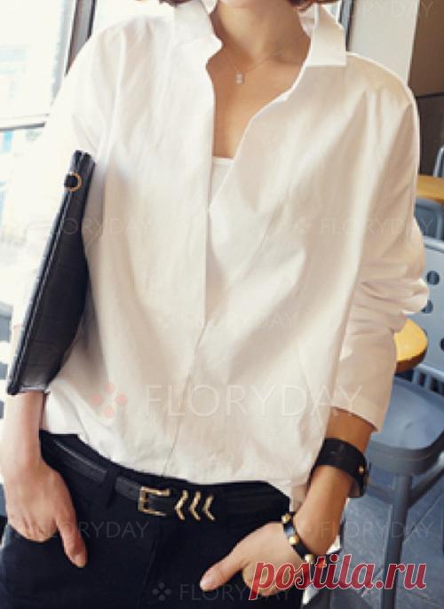 Винтажное Pубашки Длинные рукава Цвет сплошного Ошейник - Floryday