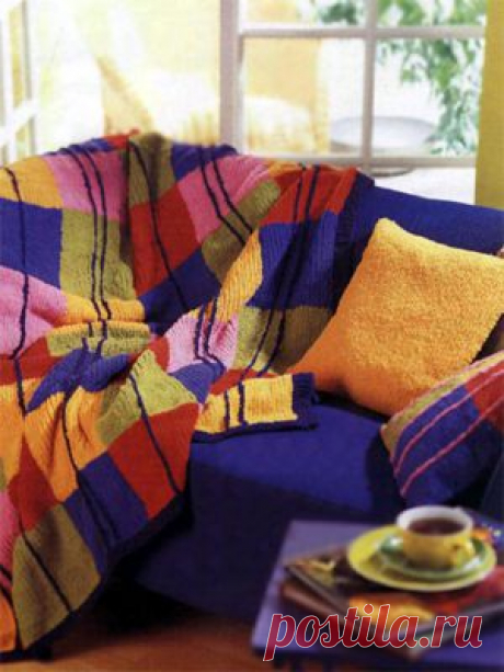 Яркий плед из цветных квадратов (спицами) - Вязанки.РУ - Все о вязании