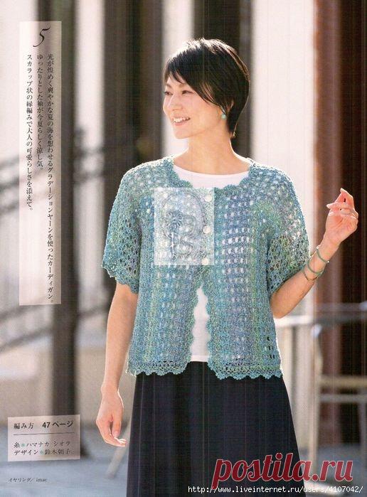 АЖУРНЫЙ ЖАКЕТИК - РЕГЛАН, СВЯЗАННЫЙ ОТ БОКОВОГО ШВА