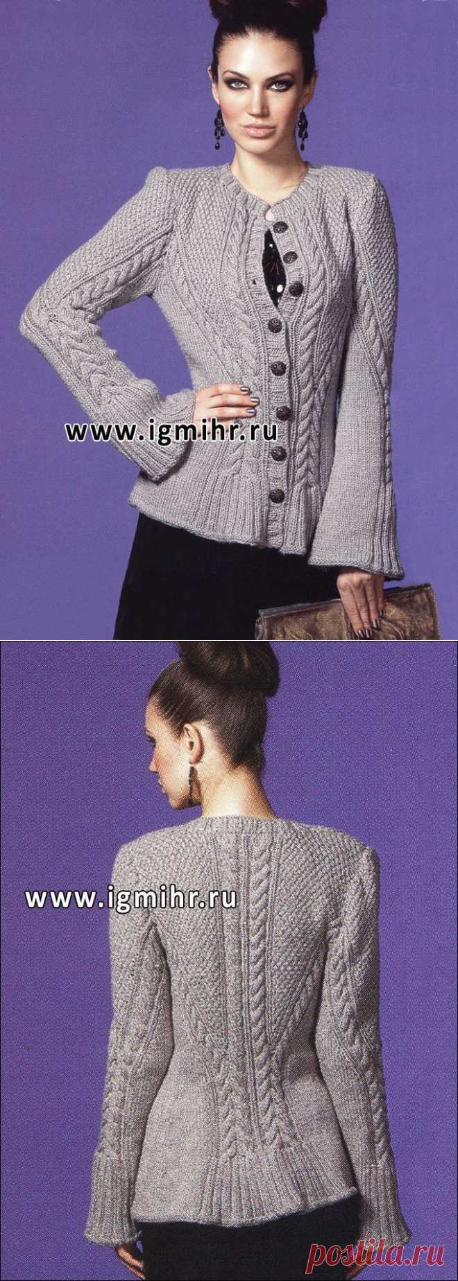 Элегантный жакет кофейного цвета с расклешенными рукавами. Спицы
