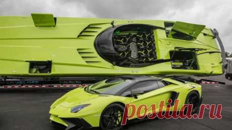Скоростной катер в стиле Lamborghini Aventador SV в комплекте с одноименным суперкаром (18 фото ) | Чёрт побери Он более просторный, более крупный и мощный, но на дорогах общего пользования его никогда не увидеть, равно как и на гоночном треке. Потому что 52-футовый G6 Super Veloce, созданный компанией Marine Technology Inc (MTI) в сотрудничестве с Lamborghini, представляет собой скоростной катамаран. Конструкторы лодки постарались максимально приблизить ее к «родственному...