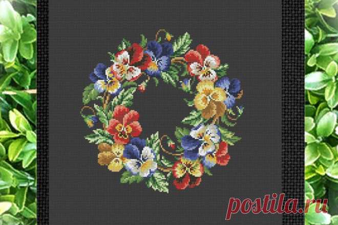 Vintage Cross Stitch Scheme Violet Wreath (2013261) | Cross Stitch | Design Bundles