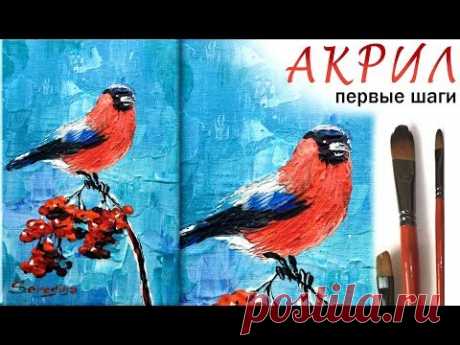 Как нарисовать открытку СНЕГИРЬ и РЯБИНА! Акрил для начинающих! Как писать, рисовать мастихин!