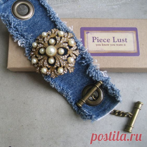 (6) @: Denim Cuff Bracelet With Antique Pearl Brooch | Denim bracelets
