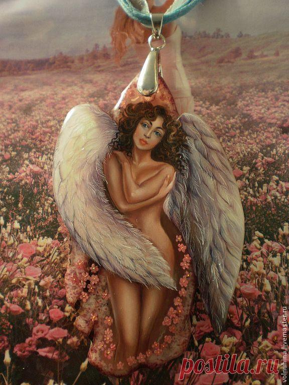 Кулон "Мне разреши быть ангелом твоим"(лаковая миниатюра) - розовый,лаковая миниатюра