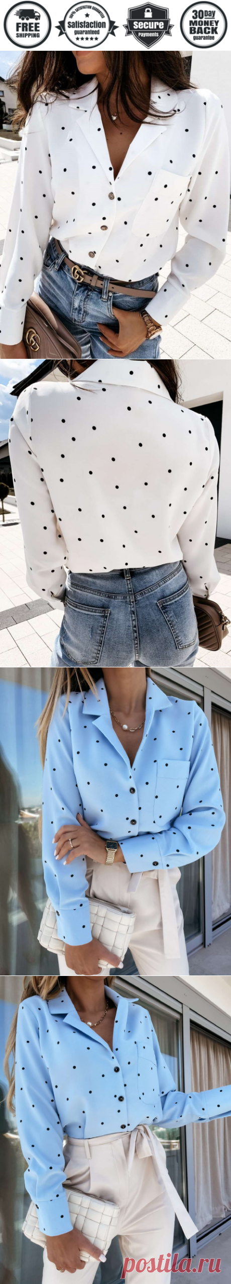 Casual Point print Lapel Long sleeve Blouses - Cicicloth