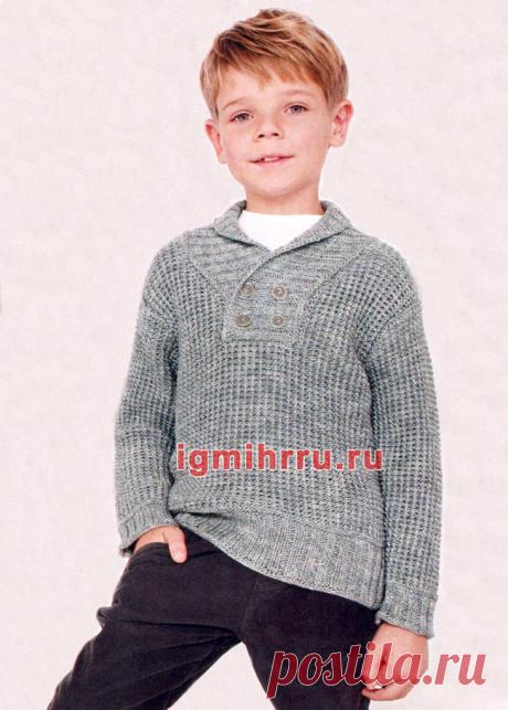 Для мальчика 5-11 лет. Серый джемпер с шалевым воротником-поло. Вязание спицами для детей