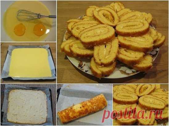 Вкусный рулет на сгущенке 
 
Легкое и очень быстрое в приготовлении лакомство к чаю. 
 
Ингредиенты: 
1 банка сгущенного молока, 
2 куриных яйца, 
250 г муки, 
половина чайной ложки соды гашеной лимонном соком, 
щепотка соли. 
Для начинки вареная сгущенка или творог с изюмом или курагой.
Приготовление: 
1. Взбить яйца со сгущенкой. Постепенно всыпать муку, соль и добавить соду гашеную соком лимона. 
2. Противень выстелить пергаментом или силиконовым ковриком. Если вы используете пергамент, то е