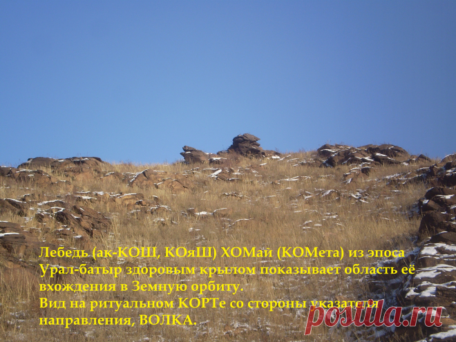 Лебедь (Ак-КОШ, КОяШ) ҺОМай (КОМета) со сломанным крылом. Вид со стороны ориентирного указателя головы Волка, по которому всегда ориентировались в древности предки башКОРТов.