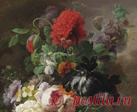 Арнольдус Блумерс (Arnoldus Bloemers), 1792-1844. Голландия. Розы, нарциссы, маки и другие цветы в классической вазе (Roses, daffodils, poppies and other flowers in a classical vase on a marble ledge)_51.5 х 39_х.,м._Частное собрание
