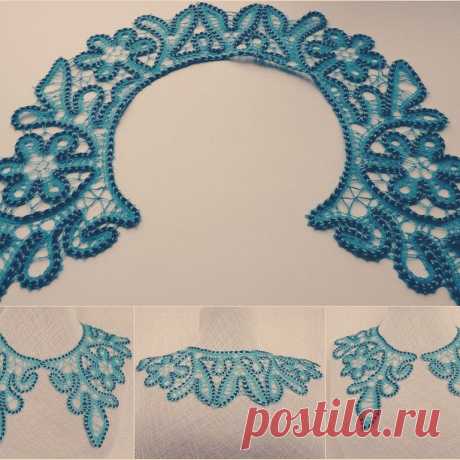 Воротничок &quot;Треугольный&quot; кружевной сплетен на коклюшках.Нитки- хлопок,цвет &quot;морская волна&quot;с вкраплением чёрного. длина по обхвату шеи- 50см