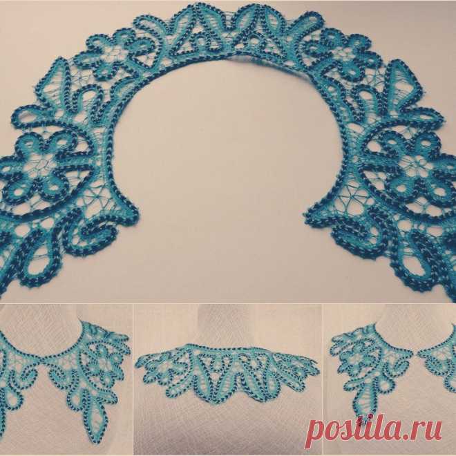 Воротничок "Треугольный" кружевной сплетен на коклюшках.Нитки- хлопок,цвет "морская волна"с вкраплением чёрного. длина по обхвату шеи- 50см