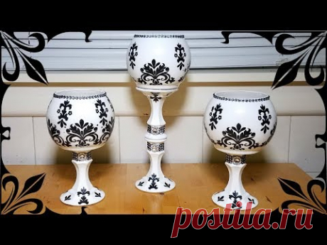 Black and White decorative candleholder centerpiece | decoupage with napkins