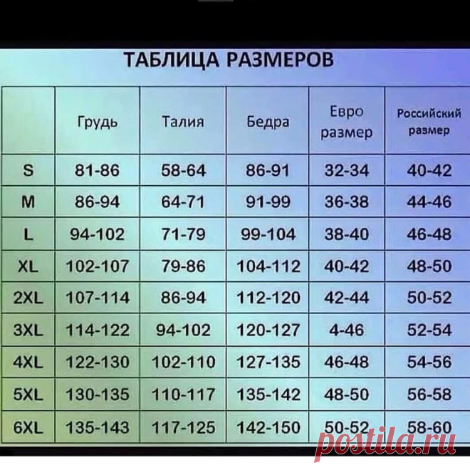Таблица размеров