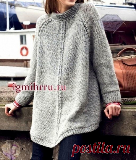 Удлиненный серый пуловер-пончо

Размеры (европейские): XS-S(M-L)XL-XXL
Размеры (российские): 42-44(46-48)50-52

Размеры готового изделия:
обхват груди - 116(128)140 см,
длина посередине спинки - 67(71)75 см,
длина рукава - 61(63)65 см.

Вам потребуется: пряжа Novita Joki (100% шерсть, 105 м/50 г) - 500(550)600 г серого цвета (043), круговые спицы № 7 длиной 80 см, круговые спицы № 6 длиной 40 см.

Техника вязания.
Резинка:
1-й ряд (изнаночный) - вяжите 0(1)1 изн. п., * 1 л...