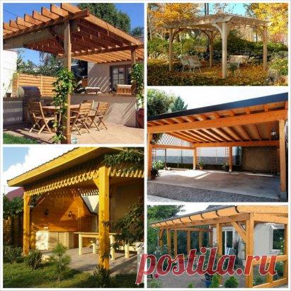 Как соорудить деревянный навес 
Навесы из дерева можно разделить по сложности изготовления: 
Пристроенные навесы – одна сторона крепится к дому или гаражу, а другая опирается на столбы. Крыша его расположена под небольшим углом, для стока воды. Он довольно удобен в эксплуатации и прост в постройке. В дальнейшем его можно снабдить стенками, для защиты автомобиля от косого дождя или снега; 
Отдельно стоящий – может быть изготовлен не только деревянным, но и совмещать в себе разные материалы, нап