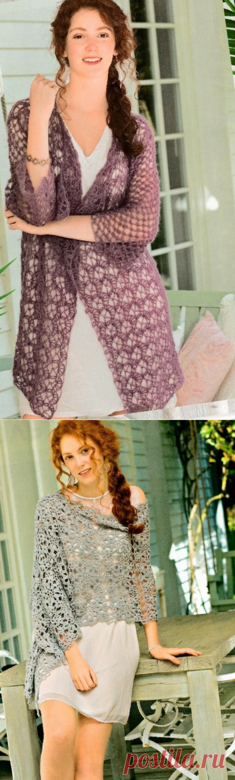 Летний стиль задает крючок - вязаные кружевные и ажурные модели. Жакет, топы, пуловеры, платье, палантин, жилет.