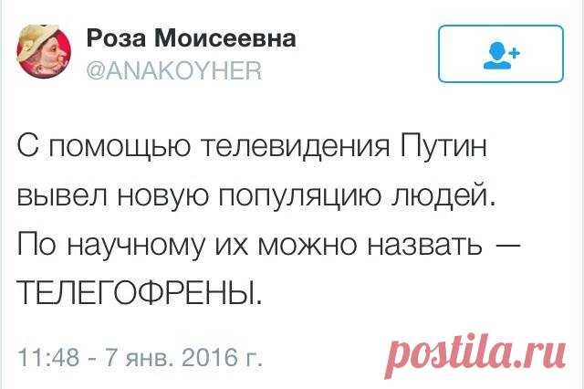 Телегофрения - сильное психическое расстройство, приобретенное в результате длительного воздействия пропаганды посредством телевизора. В начальной стадии больной начинает не осознанно ретранслировать киселевых, соловьевых и прочий бред. В дальнейшем сознание больного полностью искажается и он перестает объективно воспринимать действительность, становится агрессивен и не предсказуем.