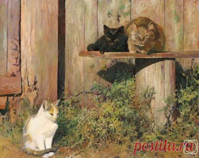 «Два кота и кошечка» картина Чернова Дениса маслом на холсте — купить на ArtNow.ru