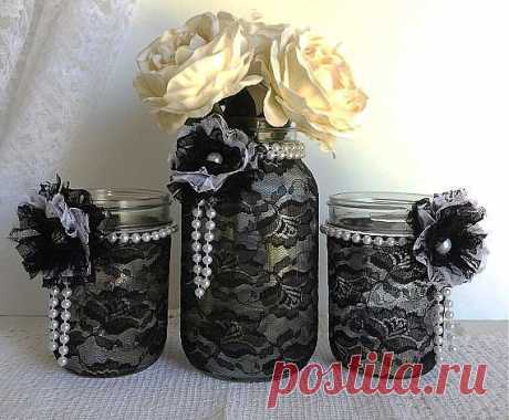 black lace mason jars - black and white lace... / Handmade / ДЕКОР ПРЕДМЕТОВ / Pinme.ru / Ravlik Ravlik