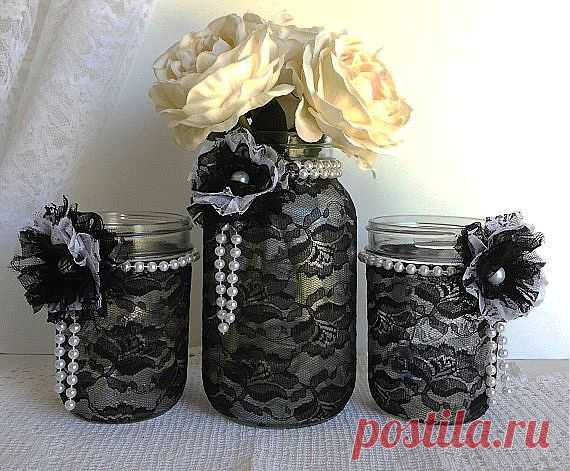 black lace mason jars - black and white lace... / Handmade / ДЕКОР ПРЕДМЕТОВ / Pinme.ru / Ravlik Ravlik