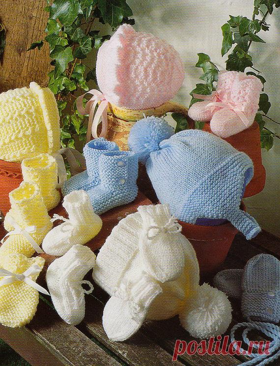 vintage knitting pattern PDF baby layette set booties hats lace bonnets mittens dk prem to 12 months This item is a PDF file of the knitting pattern for these gorgeous baby items.    The pattern will be available for download upon receipt of payment, for you to print out or read from your computer.    The items are knit in double knitting yarn. The sizes range from premature to 12 months.    All patterns are sent with a UK/USA needle conversion chart.
