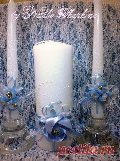 свечи нежность в голубом - голубой,белый,жемчужный цвет,свадебные свечи