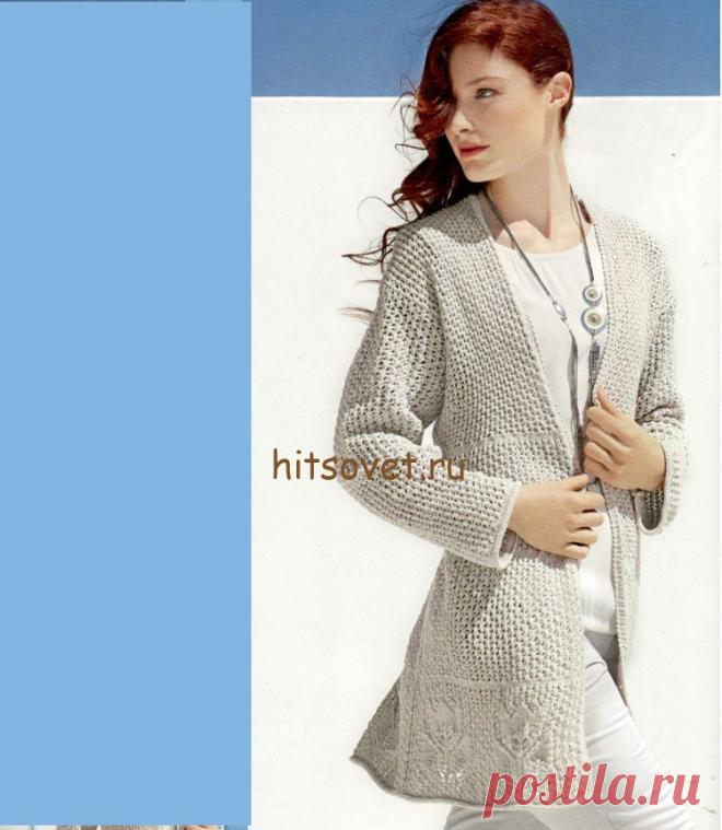 Кардиган с красивым узором спицами - Хитсовет Кардиган с красивым узором спицами. Модный стильный кардиган 2016 для женщин со схемами и бесплатным описанием. Вам потребуется 600 (650, 700) грамм светло-бежевой пряжи Eiastico Lana Grossa, состоящей из 96% хлопка, 4% полиэстера, длиной нити 160 метров в 50 граммах; спицы № 4, крючок № 3,5.