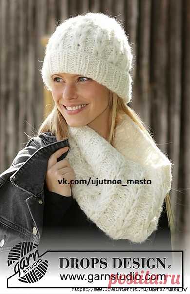 Комплект-шапка и снуд Dancing Snow by DROPS Design

Размеры
S/M - M/L- L/XL
Окружность головы: 54/56 - 56/58 - 58/60 см
Окружность снуда по нижнему краю: 80-85-90 см
Окружность снуда по верхнему краю: 75-80-85 см
Высота снуда: 27-29-31 см

Материалы 
Пряжа DROPS AIR (65% альпака, 28% полиамид, 7% шерсть, 50 г/150 м) 3 мотка для шапки и 2 мотка для снуда; пряжа DROPS BRUSHED ALPACA SILK (77% альпака, 23% шелк, 25 г/140 м) 3 мотка для шапки и 2 мотка для снуда; спицы чулочны...