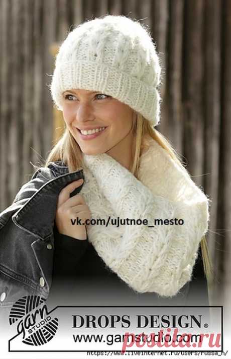 Комплект-шапка и снуд Dancing Snow by DROPS Design

Размеры
S/M - M/L- L/XL
Окружность головы: 54/56 - 56/58 - 58/60 см
Окружность снуда по нижнему краю: 80-85-90 см
Окружность снуда по верхнему краю: 75-80-85 см
Высота снуда: 27-29-31 см

Материалы 
Пряжа DROPS AIR (65% альпака, 28% полиамид, 7% шерсть, 50 г/150 м) 3 мотка для шапки и 2 мотка для снуда; пряжа DROPS BRUSHED ALPACA SILK (77% альпака, 23% шелк, 25 г/140 м) 3 мотка для шапки и 2 мотка для снуда; спицы чулочны...