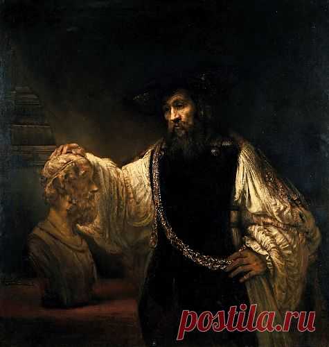 Аристотель перед бюстом Гомера - Рембрандт Харменс Ван Рейн. 1653. Холст, масло. 143,5x136,5. Выставлена в музее: Метрополитен музей.    Рембрандт (1606-1669), несмотря на то, что жил в Голландии, не совсем вписывался в традицию ее искусства и вообще выходил за всякие рамки. Он создал произведение «Аристотель перед бюстом Гомера» в тот период жизни, когда оказался непризнан на родине, но стал любим за ее пределами. Сицилийский богач и меценат