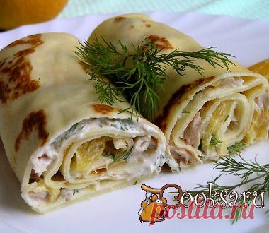 Блинчики с курицей, апельсином и кедровыми орешками рецепт с фото