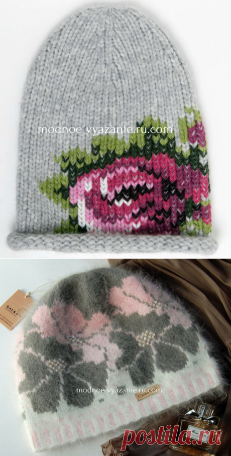 Модные шапочки спицами с жаккардом из цветов и роз - Klubok - Modnoe Vyazanie.ru.com