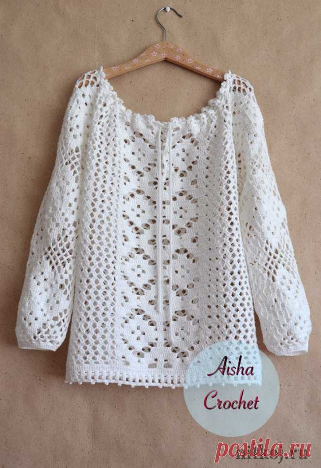 Блуза крючком от Ольги Маннаповой
Схема: http://nitkoj.ru/top-azhurnaya-koftochka/1914-bluza-k..