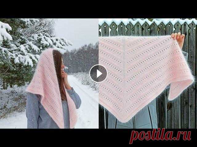 Шаль из пуха норки спицами с красивым узором подробный мастер класс по вязанию Шаль связана из пряжи пух норки с красной этикеткой, куплена на алиэкспресс, оттенок 939,расход чуть меньше трех мотков. Вязала в три нити (2 основные...