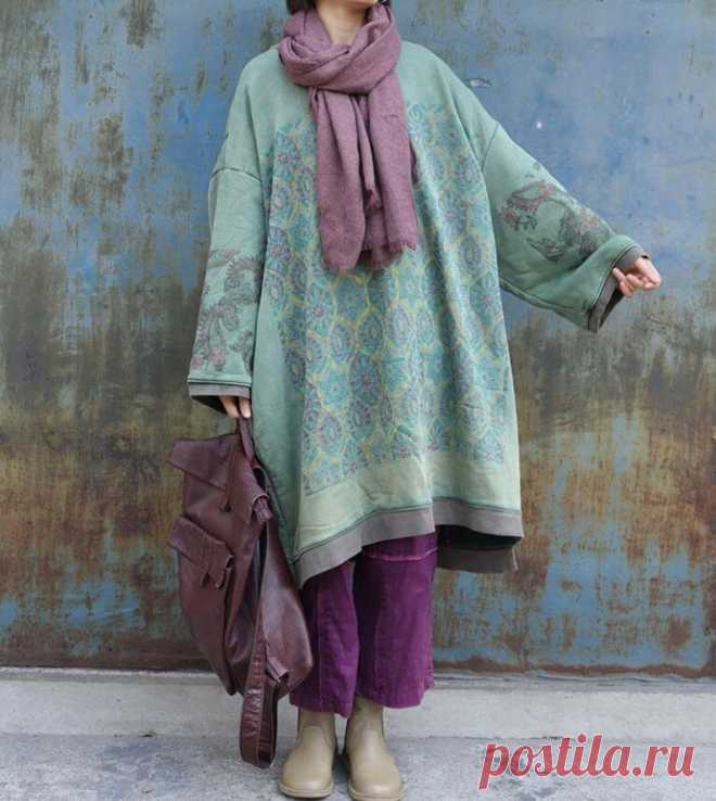 Women large size Dress Cotton green midi dress round collar | Etsy