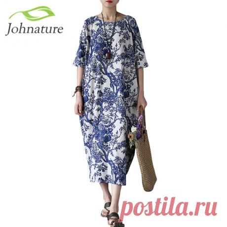 Johnature Хлопок Белье Старинные Цветок Пинта Женщины Dress Половина Рукава О Образным Вырезом Омывается Плюс Размер Свободные 2017 Новая Коллекция Весна Женщины Халат купить на AliExpress