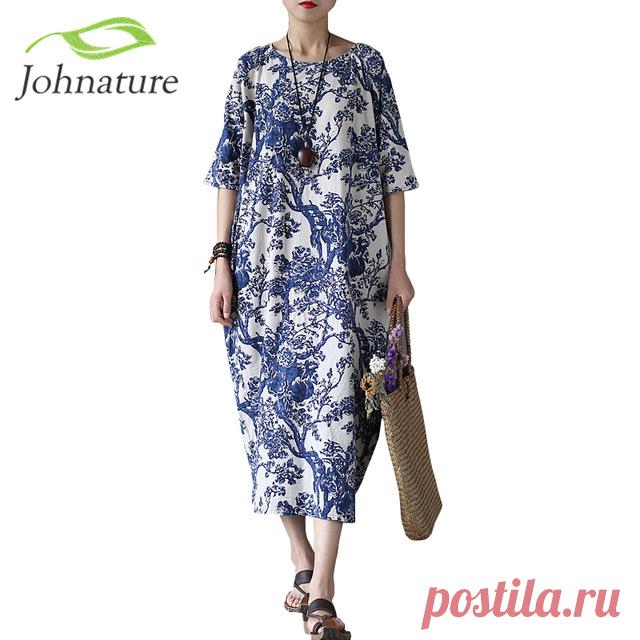 Johnature Хлопок Белье Старинные Цветок Пинта Женщины Dress Половина Рукава О Образным Вырезом Омывается Плюс Размер Свободные 2017 Новая Коллекция Весна Женщины Халат купить на AliExpress