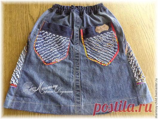 Купить Юбка из джинсы - для девочки, тёмно-синий, однотонный, джинса, синель, Аппликация, на лето, джинса