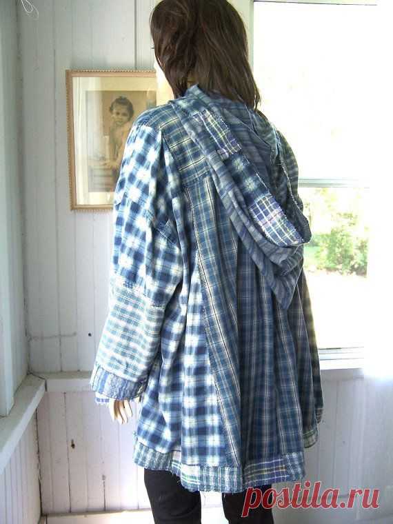 Upcycled Hoodie Shirt Jacket Reconstructed Denim Blue Patchwork from Mens Shirts…