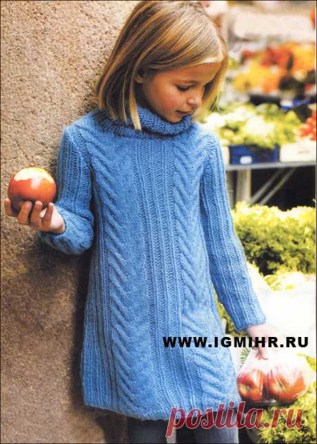 Красиво и тепло! Синее платье для девочки 6-12 лет. Спицы