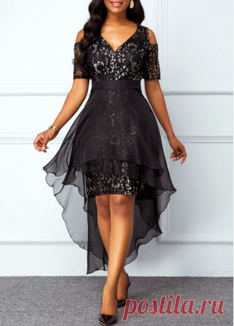 Chiffon Overlay Cold Shoulder High Low Lace Dress | Rotita.com - USD $35.33