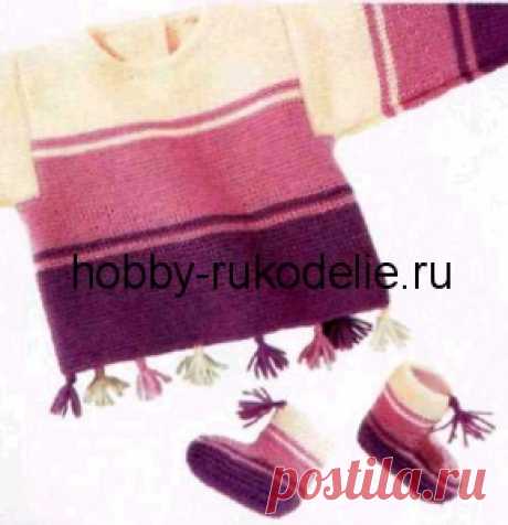 Хобби (рукоделие своими руками): вышивка, вязание » Архив блога » Пуловер с застежкой и пинетки для детей до 1 года, вязание спицами по схеме