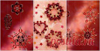 Снежинки из красных бусин Новогодние изделия – Бисерок Яркие и разноцветные елочные украшения из бисера, стекляруса и разноцветных бусин. По схемес плетите красивые снежинки своими руками.