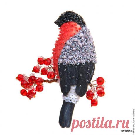 Купить Брошь «Снегирь на заснеженной ветке рябины».Текстильная брошь-птица. - брошь птица