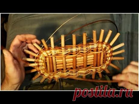 2) Плетение донышка овальной грибной корзины из лозы, ивового прута